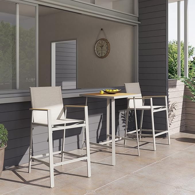 LAUSAINT HOME 3-Piece Patio Bar Set, All Weather Textilene Bar Height Table and Chairs Set with Wood Like-Top Table, Metal Counter Height Bar Stools and Table Set for Garden, Deck, Balcony