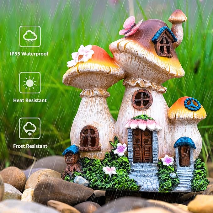 Solar Garden Statue Lights Mushroom Mothers Day Decorations Fairy House Figurine Lights, Outdoor Memorial Garden Ornaments Waterproof Decoration for Outside Patio Yard Lawn Decor