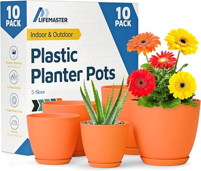 Yellow Plant Pots with Drainage Holes & Saucers 10 Pack, Indoor & Outdoor Stackable Space-Saving Planters for Houseplants & Flowers, (7", 6.7", 6", 5.3", and 4.8" Inches), Durable & Weatherproof