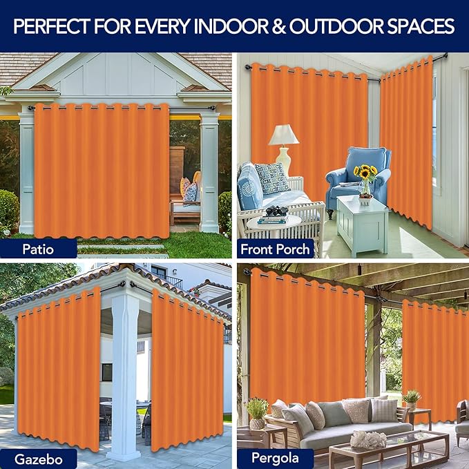 PureFit Outdoor Curtains for Patio Waterproof Weatherproof, UV Resistant Outside Curtains for Gazebo, Front Porch, Pergola, Sun Blocking Privacy Curtain, 150W x 95L inch, 1 Panel, Orange