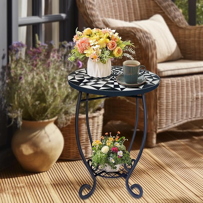 LIFFY Outdoor Side Table,12" Round Ceramic Tabletop Accent Table with Metal Frame, Indoor Small Decorative Plant Stand & End Table for Home, Patio, Garden