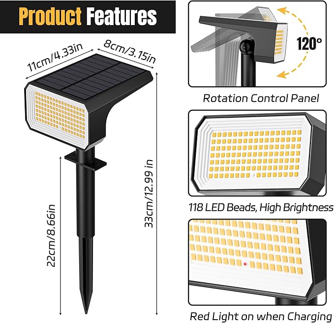 Solar Spot Lights Outdoor, [4 pack/118 LED] 4 Modes Auto On/Off Solar Landscape Spotlights, Ip67 Waterproof Solor Powered Pathway Lights for Outside Yard Garden Walkway Tree Patio (Warm White)