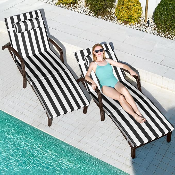 Chaise Lounge Chairs Outdoor Set of 2, Comfy Outside Wicker Patio Pool Lounge Chair w/ 5 Adjustable Back Angle, Cup Holder, Thicken Cushion