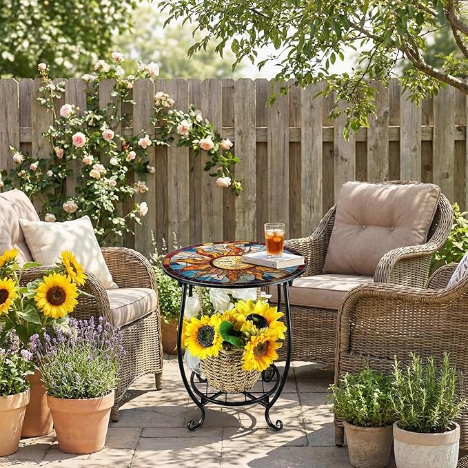Outdoor Side Table Round Small Mosaic Patio Accent Indoor End Plant Coffee Tea Table for Yard Patio Porch Garden Living Room, Bedroom(Sun Style,14 Inch)