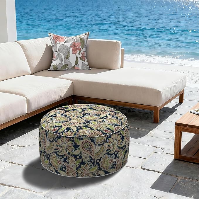 LVTXIII Outdoor Inflatable Ottoman, Fade-Resistant Round Footrest Stool D31”x H14”, Portable Patio Pouf for Garden Camping or Home Use, Paisley Sapphire Blue