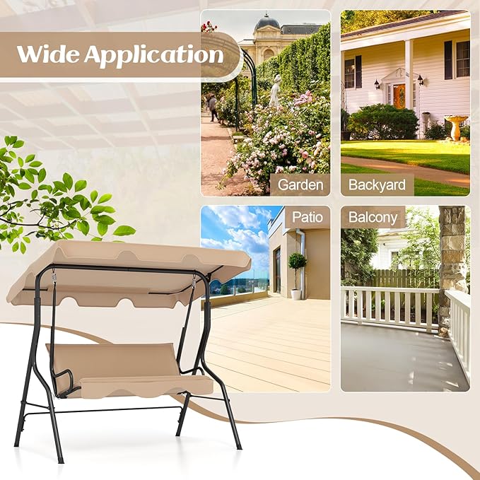 Tangkula 3 Person Porch Swing, Patio Swing with Removable Cushion & Powder-Coated Steel Frame, Outdoor Swing with Canopy for Porch, Backyard, Garden, Balcony (Beige)
