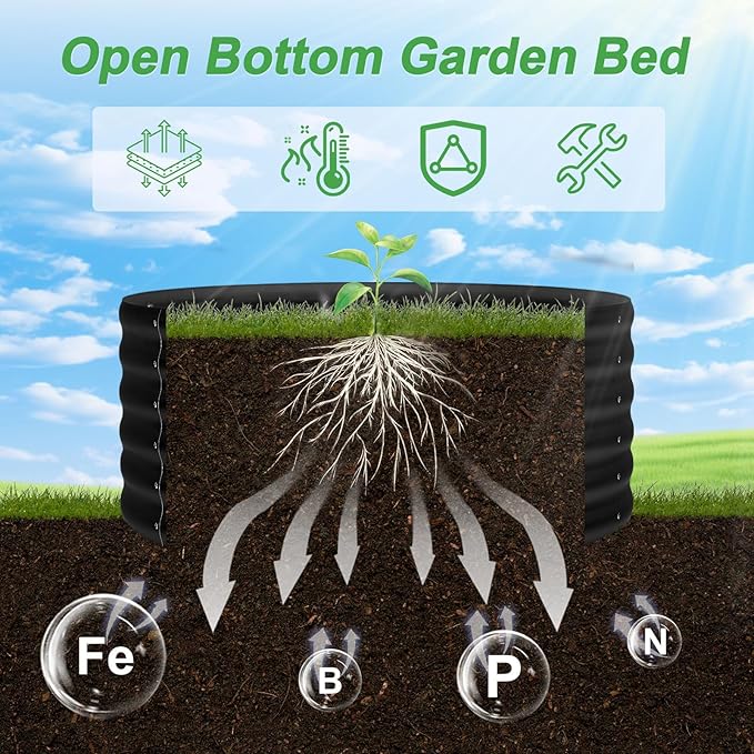 AHEONLAR 2 Pack 2x2x1.5ft Round Galvanized Raised Garden Bed Outdoor Metal Planter Box for Vegetables Steel Raised Beds for Gardening Black