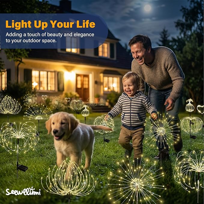 Solar Garden Lights Outdoor Decorative, 4pack 120 LED Firework Lights Waterproof，Solar Fairy Lights for Outside,Garden,Yard, Patio,Pathway,Flowerbed,Party(Warm White)