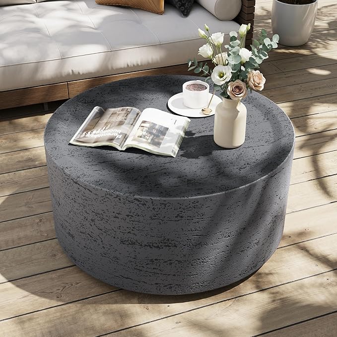 UPHA Outdoor Round Coffee Table, Small Modern Minimalist Accent Tables, Low Light Concrete Center Table for Living Room, Outside Patio, Deck, 28×28×13, Dark Grey