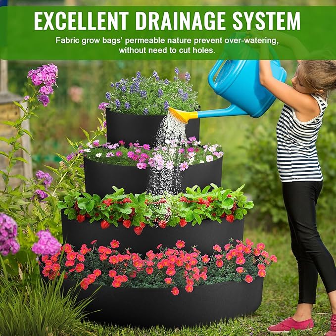 4 Pcs Plant Grow Bags 4 Tiered Strawberry Planter Tower Fabric Raised Garden Beds, 39 Inch Nonwoven Strawberry Pyramid Planter for Vegetables Flower Herbs Gardening Outdoor Growing (Black)