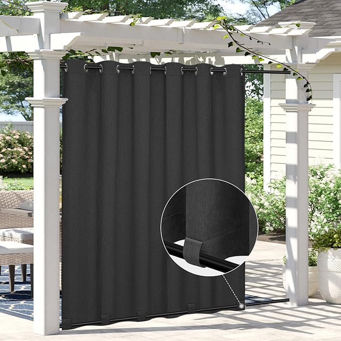 Easy-Going Linen Look Outdoor Curtains Waterproof Windproof Porch Curtains, Soft Thicken Outdoor Privacy Curtains for Patio, Gazebo, Grommet Top and Tab Bottom Drape, 1 Panel, 110x108 inch, Black