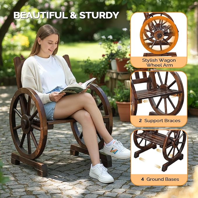 VINGLI Rustic Wooden Patio Chair with Wagon Wheel Armrests, Outdoor Dining Chairs Solid Wood Frame Seating for Farmhouse Garden Porch Lawn Balcony (Rustic, Chair)