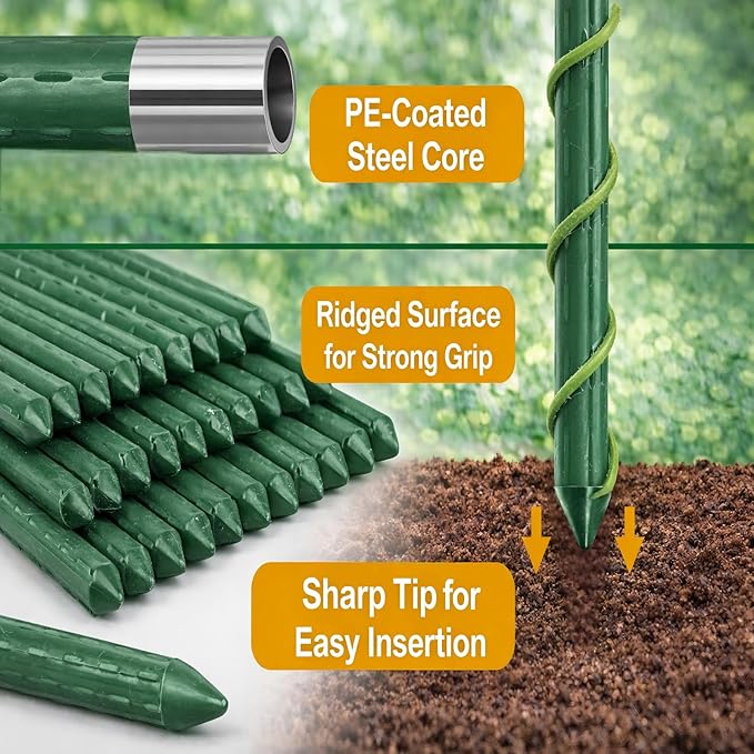 Garden Stakes 70 Pack, 16 Inch Plastic Coated Metal Tomato Stakes, DIY 4ft 5ft 6ft 7ft Plant Support Stakes with 40 Connectors 30 Rotatable Clips 30 Plant Clips for Indoor Outdoor Vegetables