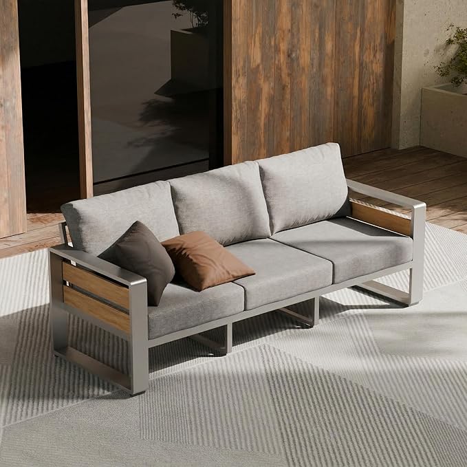 ZANDOR Outdoor Aluminum Patio Furniture - 1 Pcs 3-Seat, All-Weather Metal Modern Outside Sofa with Washable Thick Cushion for Garden/Backyard/Porch, Silver