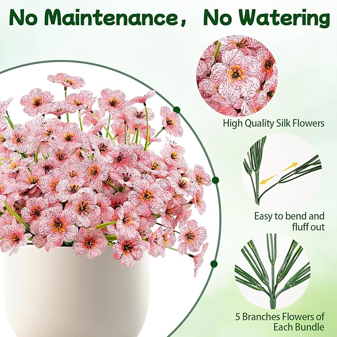 MACTING Artificial Flowers for Outdoors 6 Bundles UV Resistant Fake Flowers No Fade Faux Plastic Flowers for Hanging Planters Window Patio Porch Yard Garden Indoor Outside Spring Decoration,Pink