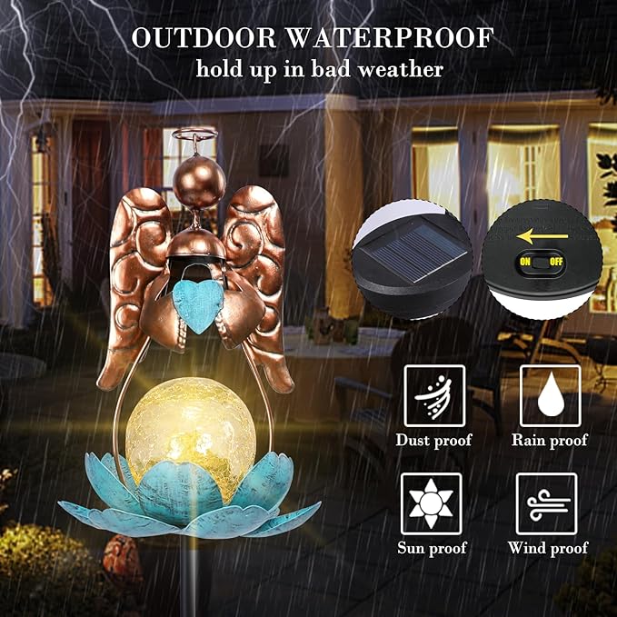 Solar Garden Lights Metal Flower Decor Colorful Solar Pathway Light with LED Cracked Crystal Ball Outdoor Decorative Stake for Patio Yard Lawn Garden Decor (Angel)