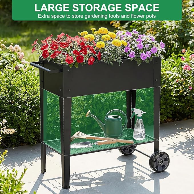 Elevated 32" Tall Raised Garden Bed with Legs and Wheels for Mobility, Metal Planter Boxes Outdoor with Shelf, Raised Bed for Gardening Vegetables/Herbs, Backyard, Patio, Balcony, Black