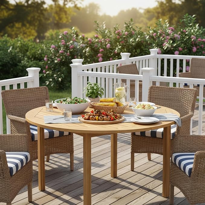 Tangkula 44" Round Outdoor Dining Table for 4, Acacia Wood 4-Person Large Patio Dining Table, Farmhouse Indoor Outdoor Dining Furniture for Deck, Garden, Poolside & Backyard