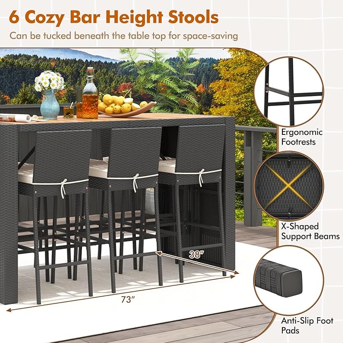 COSTWAY 7 PCS Patio Rattan Wicker Bar Set, 30'' Bar Height Chairs with Back, Footrest and Cushion, Outdoor Table with Wooden Top for Backyard Garden Deck