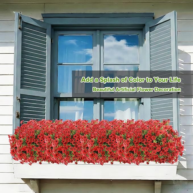 Artificial Flowers for Outdoor,Silk Flowers No Fade Fake Plastic Flowers UV Resistant Faux Plants for Outdoors Outside Front Porch Hanging Planter Window Box Garden Home Decoration,13 Pack(Red)