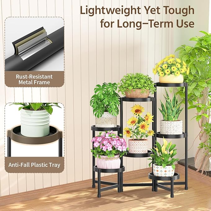 LASZOLA 7 Tiered Folding Plant Stand Indoor for Multiple Large Planter, Tall Heavy Duty Adjustable Rack with Rust Proof Plastic Shelving, Sturdy Vertical Tree Organizer for Narrow Inside Floor, Black