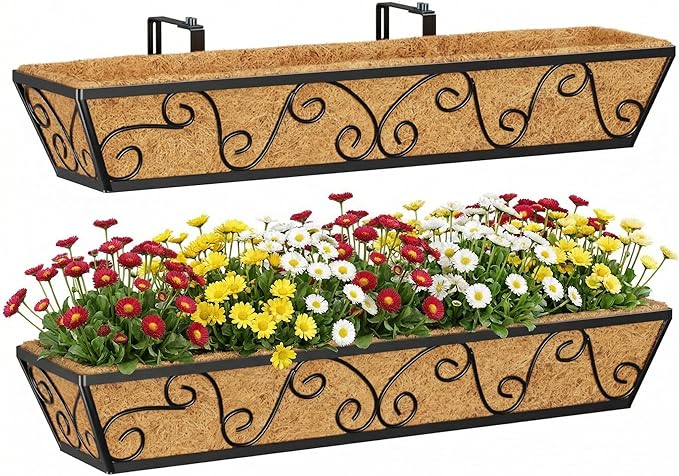 Y&M 30 Inch Window Deck with Coco Liner, Fence Metal Hanging Flower Planter Window Basket Deck Railing Planter Boxes for Outdoor Garden Lawn-Butterfly, 2pcs
