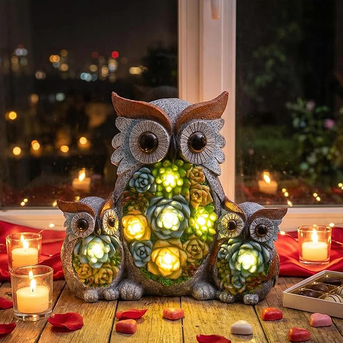 Solar Garden Statue Owl Decor – Cute Owl Family Figurines with LED Succulent Lights, Waterproof Outdoor Yard Art Ornaments for Patio, Lawn, Porch, Housewarming Gifts for Women Mom