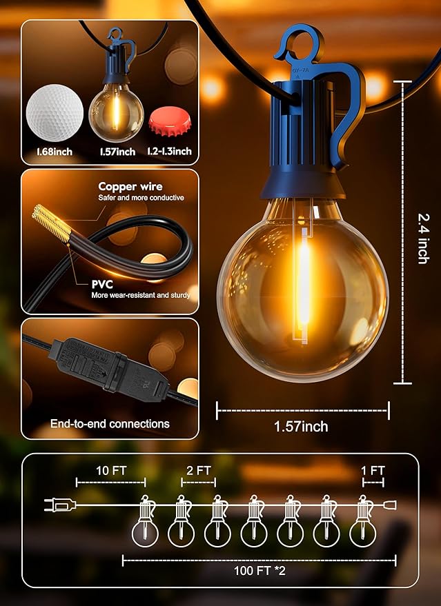 Brightown Outdoor String Lights, 200FT 100+2 G40 Bulbs Shatterproof Patio Lights, IP65 Waterproof Dimmable Hanging Connectable Globe LED Outdoor Lights for Backyard, Bistro, Porch, Deck, Balcony