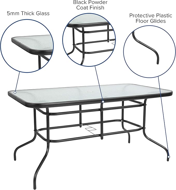 Flash Furniture Tory 31.5" x 55" Rectangular Tempered Glass Metal Patio Table with Umbrella Hole, Modern Rippled Glass Outdoor Dining Table, Black