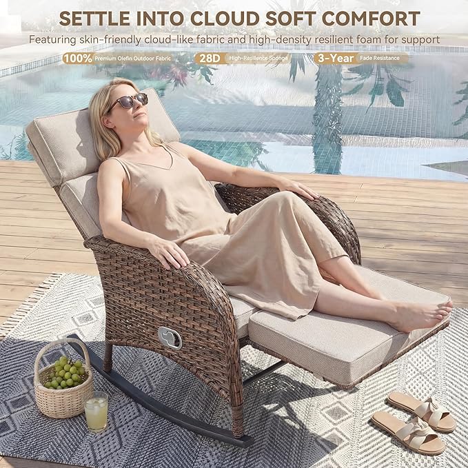 Zero Gravity Patio Rocking Wicker Recliner Chair - Wicker Outdoor Lounge Chair with Adjustable Backrest & Footrest, All Weather Reclining Rocker Chairs with Thick Cushion for Pool Deck Beige