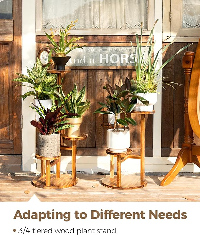 Bamworld 3 Tier Plant Stand Indoor, Corner Wood Plant Shelf for Multiple Plants, Small Tiered Round Flower Stand for Patio Garden Balcony Living Room Bedroom, Brown