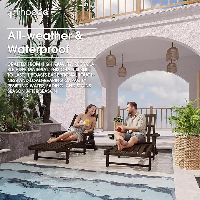 Patio Chaise Lounge Chair Set of 4, Oversized Lounge Chair Outdoor with 5 Positions, HDPE, Patio Lounge Chair with Wheels & Cup Holder for Pool, Deck, Poolside,Brown