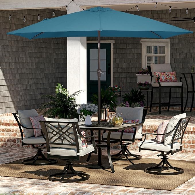 JEAREY 6.5x10 ft Rectangular Patio Umbrellas Rectangle Outdoor Umbrella with Push Button Tilt and Crank, Market Table Umbrella 6 Sturdy Ribs UV Protection for Poolside Garden Backyard Deck, Lake Blue