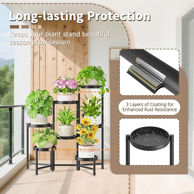 LASZOLA 7 Tiered Folding Tall Plant Stand Indoor for Multiple Large Planter, Heavy Duty Metal Adjustable Flower Rack for Narrow Corner, Sturdy Vertical Spiral Shelving Holder for Modern House, Black