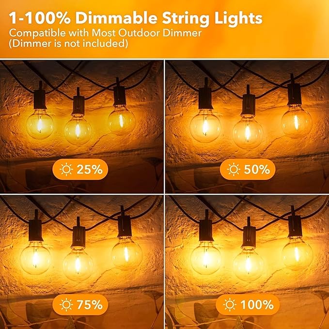 Brightown Outdoor String Lights, 100FT 50+2 G40 Bulbs Shatterproof Patio Lights, IP65 Waterproof Dimmable Hanging Connectable Globe LED Outdoor Lights for Backyard, Bistro, Porch, Deck, Balcony