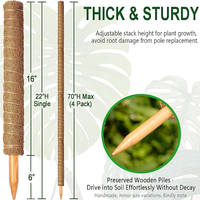 Soupiar 4 Pack 22 Inch Stackable Moss Pole - Thick & Sturdy Natural Coir Totem Plant Support & Garden Stakes for Monstera & Pothos, Indoor Climbing Vining Houseplants, 70”H Max