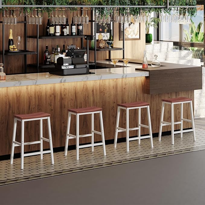 HOOBRO Bar Stools, Set of 2 Bar Chairs, 23.6 Inch Saddle Stools, Kitchen Counter Seat with Footrests, Industrial Barstools for Dining Room, Kitchen, Counter, Bar, Walnut and White HW02MD01