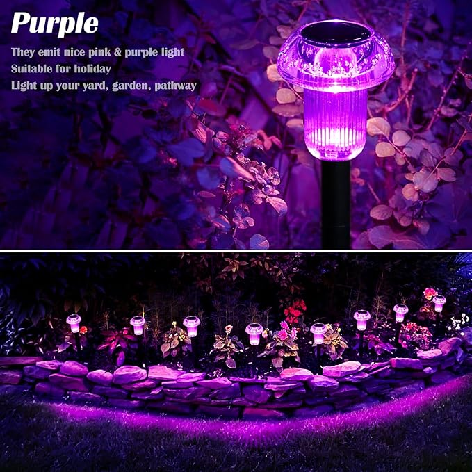 Solar Lights Outdoor Pathway Waterproof 8 Pack Purple LED Acrylic Mushroom Decorative Garden Lights for Yard Landscape Patio Outside Decorations