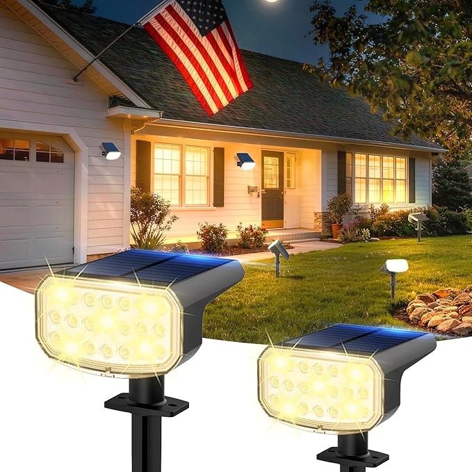 Solar Lights Outdoor Waterproof IP65, Super Bright LED with Lens, 3000K 2 Lighting Modes, Solar Powered Yard Garden Solar Spot Lights for Outside Landscape Auto On/Off -2 Pack