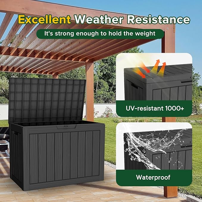 46 Gallon Outdoor Deck Box, Lockable Waterproof Outdoor Storage Boxes For Garden Tools,Indoor Cushions,Accessories Outside Storage Resin Weatherproof Container(Black)