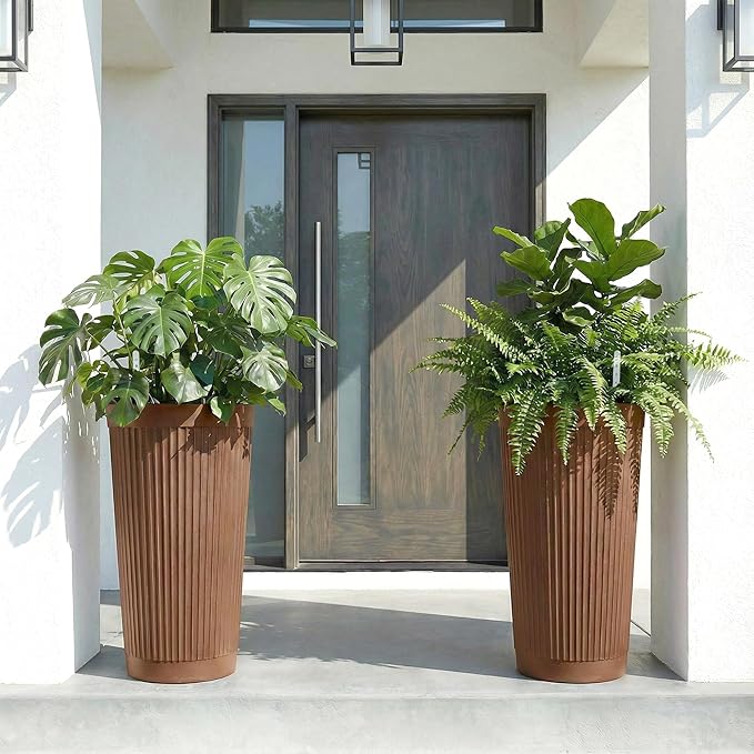 24in Tall Self-Watering Planters Set of 2 - Brown Flower Pots with Water Level Monitor, Non-Toxic Plastic Planters for Indoor Outdoor Patio, Porch, Living Room, Home Office