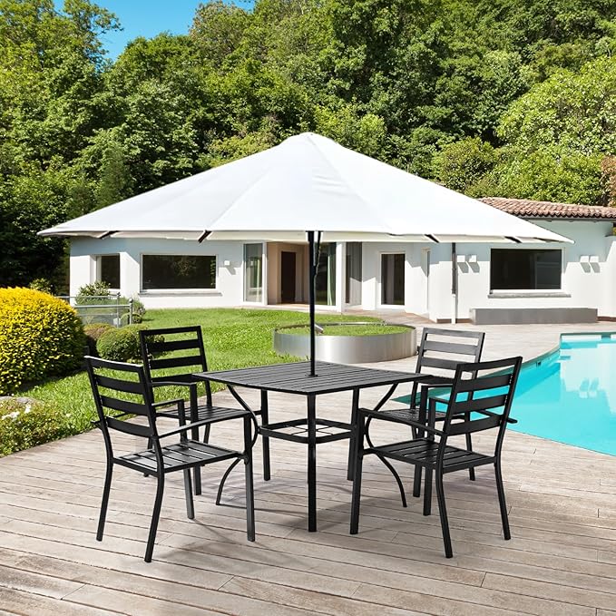 VINGLI 5-Piece Outdoor Dining Set, Metal Patio Dining Set for 4, Square Dining Table with Umbrella Hole & 4 Patio Chairs for Porch, Balcony and Backyard