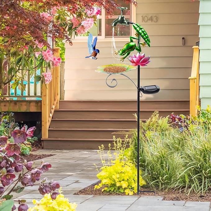 Solar Outdoor Lights Decorative Solar Frog Lights with Lotus Bird Feeder Faucet Shaped Lighted Garden Stake Decorations for Pathway Lawn Patio Courtyard Backyard