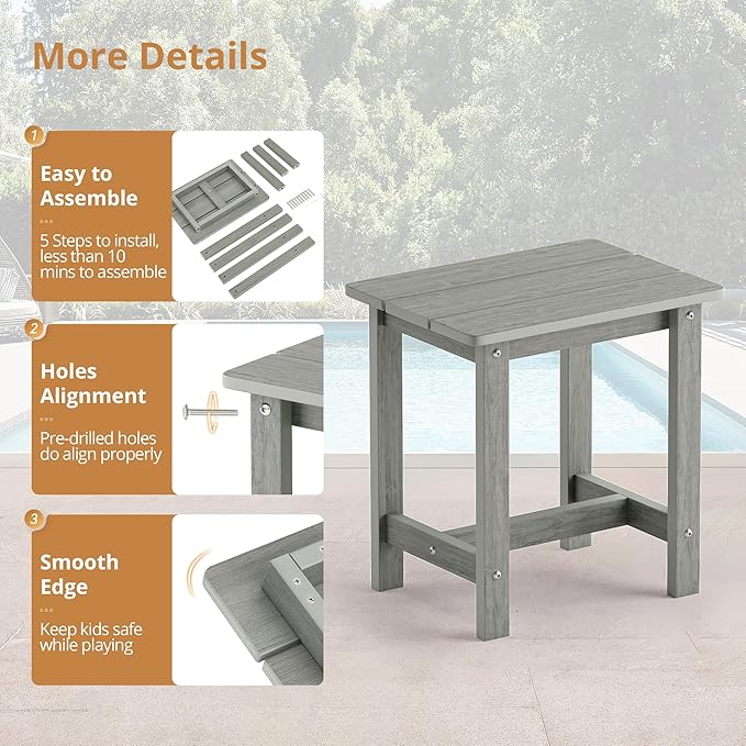 LUE BONA Outdoor Side Table Set of 2, HDPS Small Outdoor Table, Adirondack Side Table, Outside End Table for Patio, Porch, Deck, Pool, Weather Resistant/Easy Maintenance, Gray