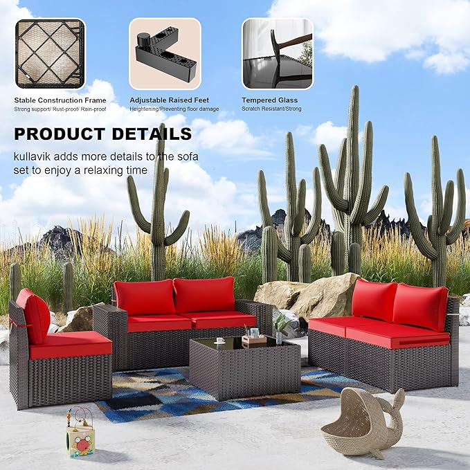 Kullavik 6PCS Outdoor Patio Furniture Set PE Wicker Rattan Sectional Sofa Patio Conversation Sets,Red