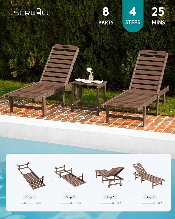 SERWALL Outdoor Chaise Lounge Set of 6, HDPE Pool Lounge Chair with 5-Position Adjustable Backrest, Patio Lounger with Rolling Wheels & Cup Holder for Pool, Brown