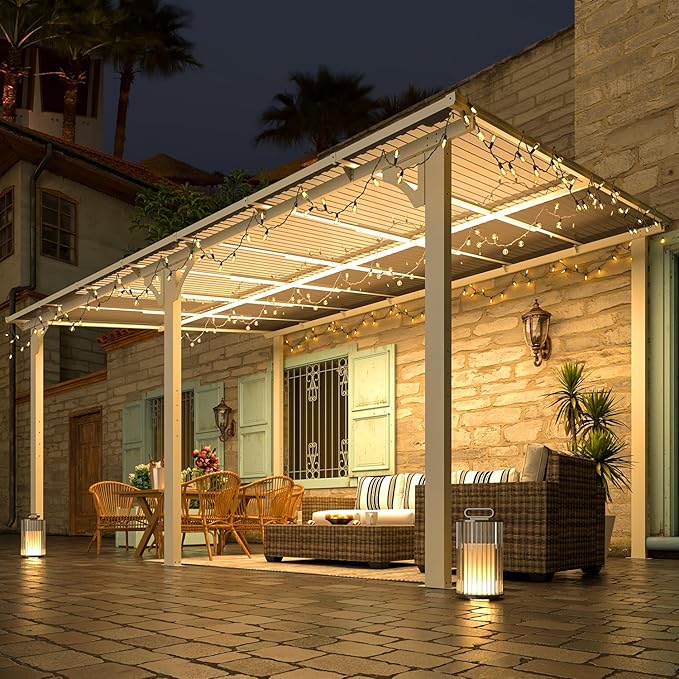 AECOJOY 14' x 10' Gazebo in White, Large Wall Mounted Gazebos on Clearance, Outdoor Patio Lean to Gazebo Metal Awnings for Decks, Patio, Porch, Backyard and More