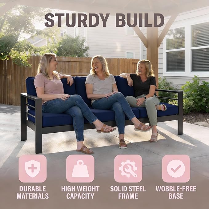 Kiss the Water Outdoor Couch Aluminum Patio Furniture Sofa, 3 Seat All-Weather Metal Patio Couch with 5" Thick and Soft Cushion and Wide Arm, Outdoor Sofa for Balcony, Porch