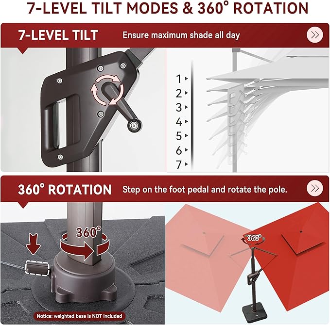 10 X 13 FT Cantilever Outdoor Patio Umbrella with Base Included with Led Lights Large 360° Rotation Double Top Offset Heavy Duty Rectangular Umbrellas for Backyard Outside Deck, Wine Red
