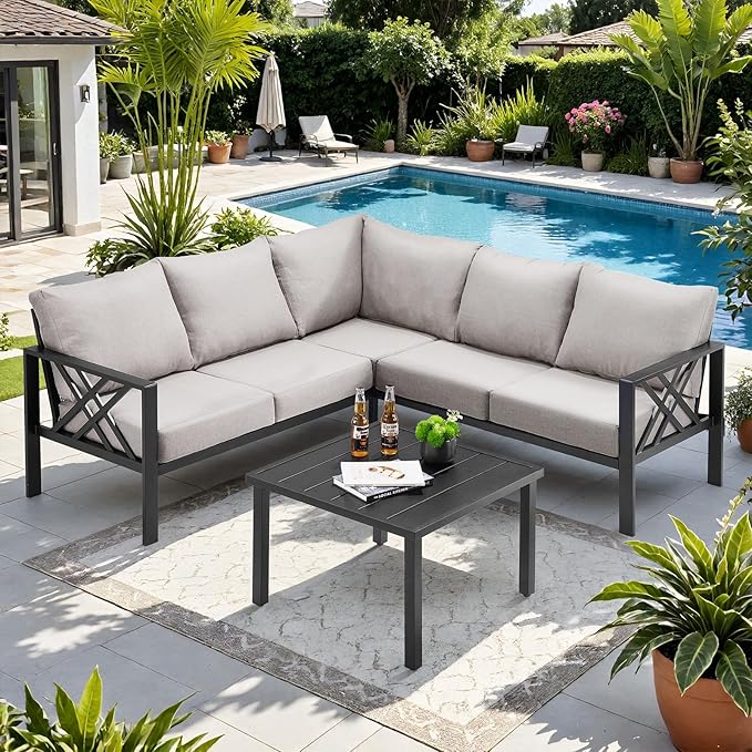 Patio Furniture Set, 6-piece Metal Sectional Furniture Sofa with Coffee Table, L Shaped Outdoor Couch with Olefin Cushion, Highback Frame, Outdoor Patio Conversation Sets for Balcony Backyard, Grey